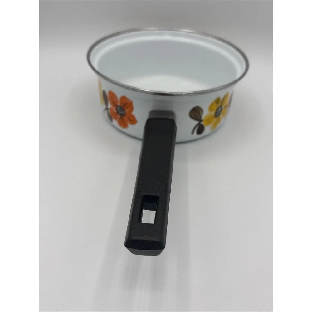 Vtg Austria Email Primavera Enamelware Saucepan Mod 70s Orange Floral Flower Pan